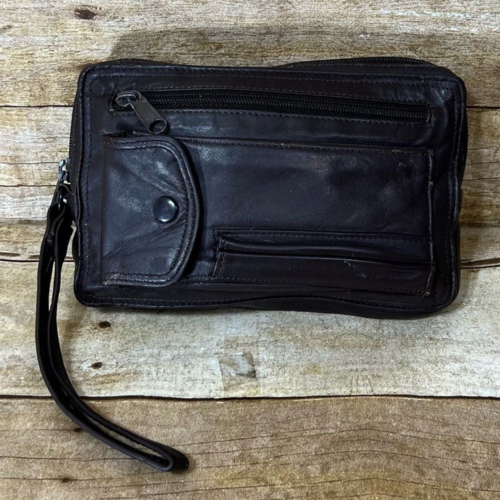 Unbranded Brown Leather Multi Pocket Wristlet Clutch Bag Travel Organizer Wallet
